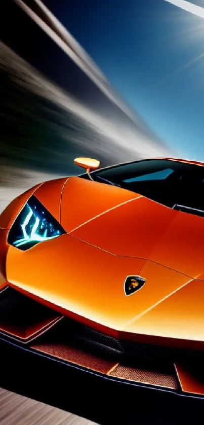 Vibrant orange supercar in motion under the sun.