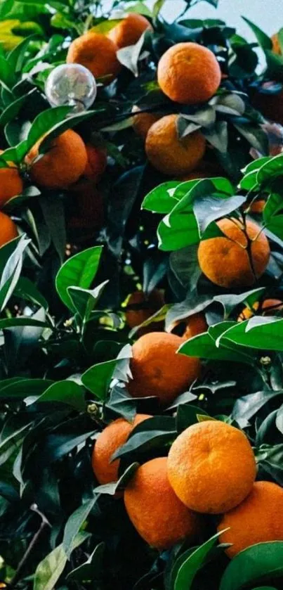 Vibrant orange tree with lush green leaves as wallpaper.