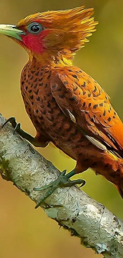 A vibrant orange woodpecker perched on a tree branch, set against a natural background.