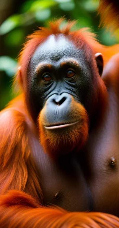 Close-up of an orangutan in a lush green jungle setting.