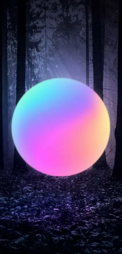 Colorful glowing orb in a dark forest setting.