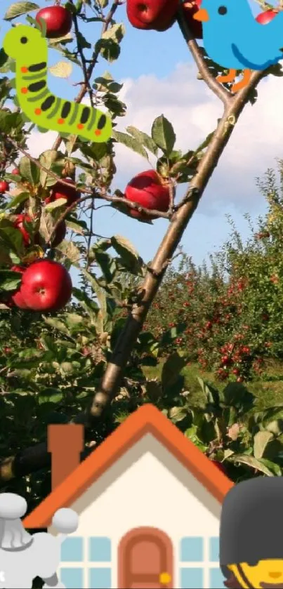 Lush orchard with ripe red apples and ladder under a clear sky.