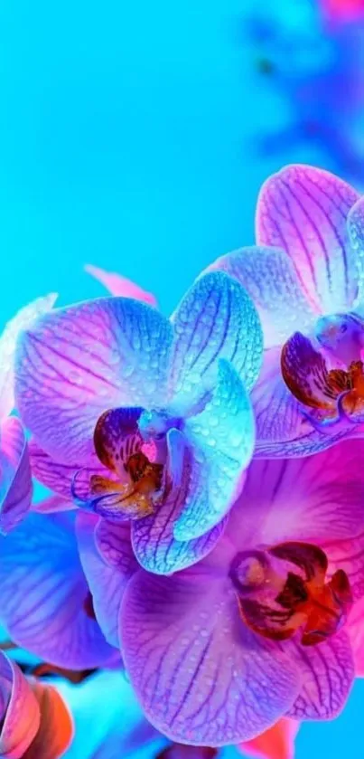 Vibrant orchid bloom wallpaper with vivid blue background.