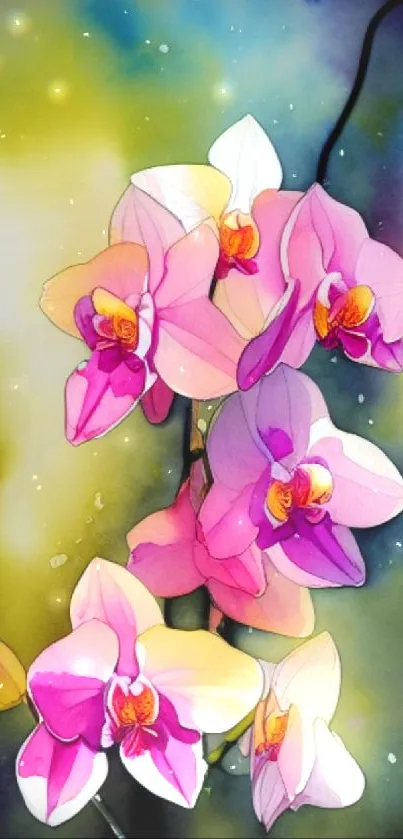 Vibrant watercolor orchid art on a mobile phone wallpaper.