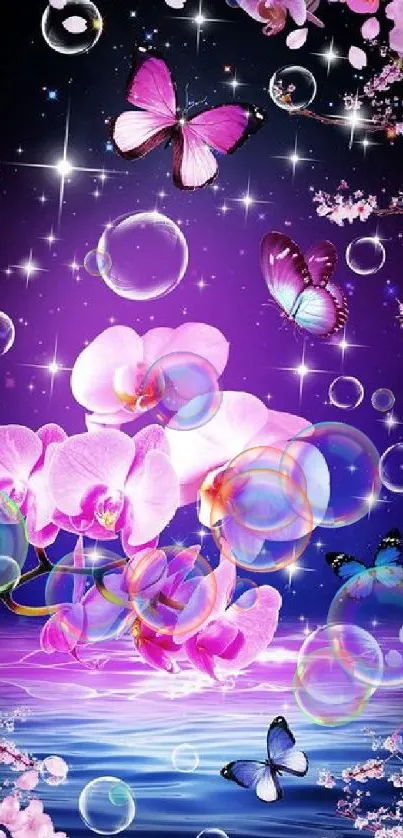 A vibrant wallpaper with orchids and butterflies under a starry purple sky.