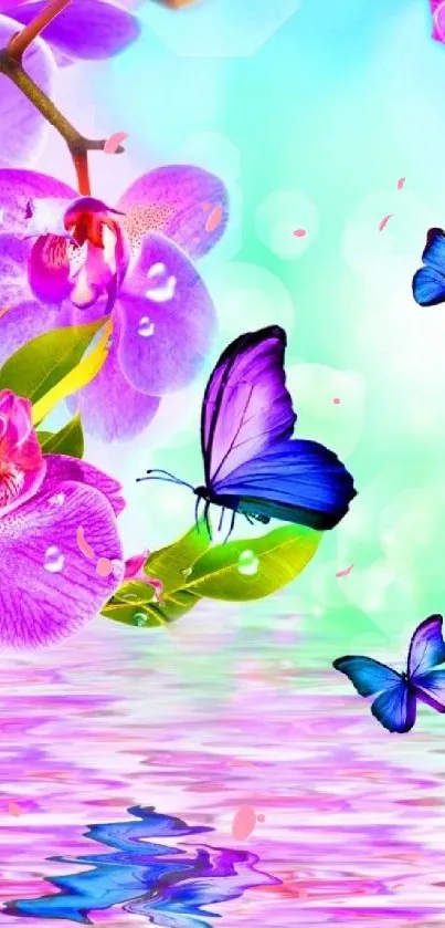 Vibrant wallpaper with orchids and butterflies over water.