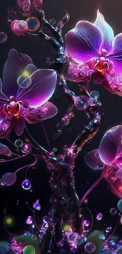 Vibrant digital art wallpaper with glowing pink and purple orchids on a dark background.