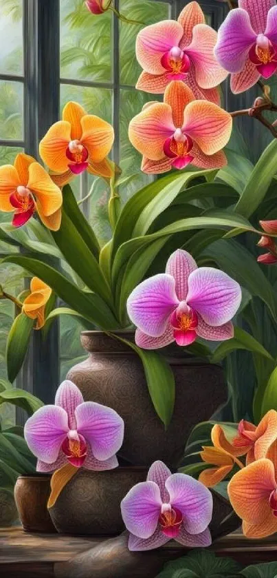 Beautiful orchid garden wallpaper with vibrant colors and lush green background.