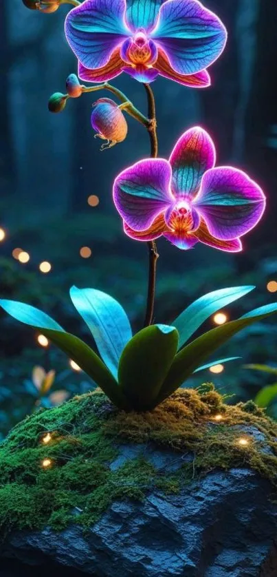 Vibrant orchid glowing in a mystical forest setting.