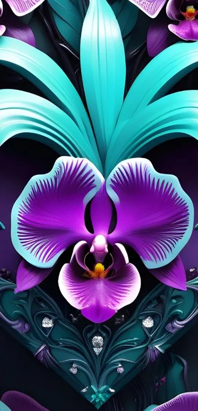 Vibrant purple orchid and teal leaves mobile wallpaper.