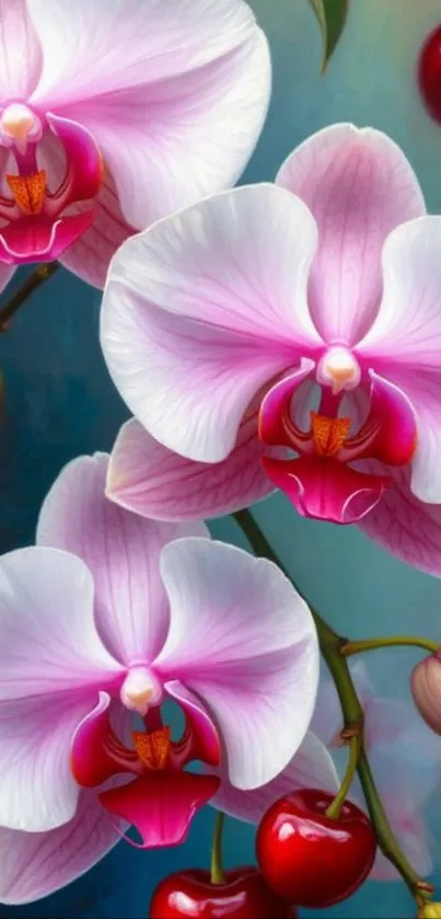 Pink orchids with cherries on a vibrant wallpaper.