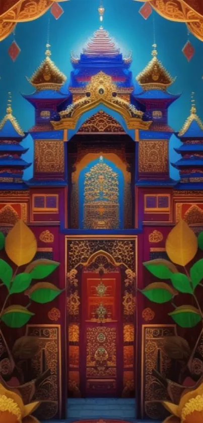 Vibrant oriental temple wallpaper with intricate details.