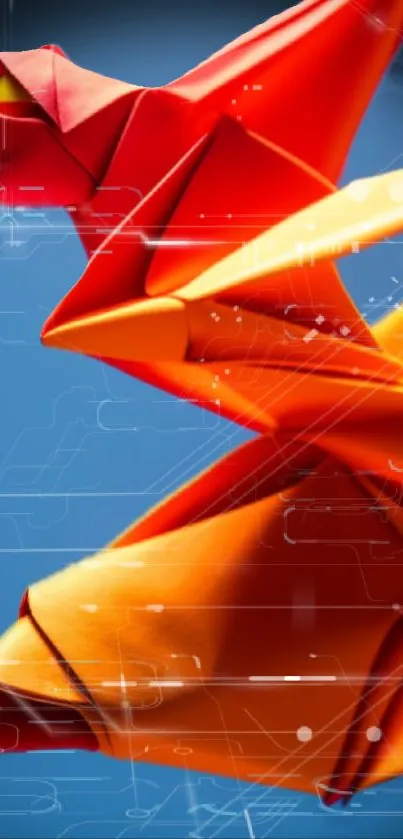 Vibrant origami art on a geometric blue background.