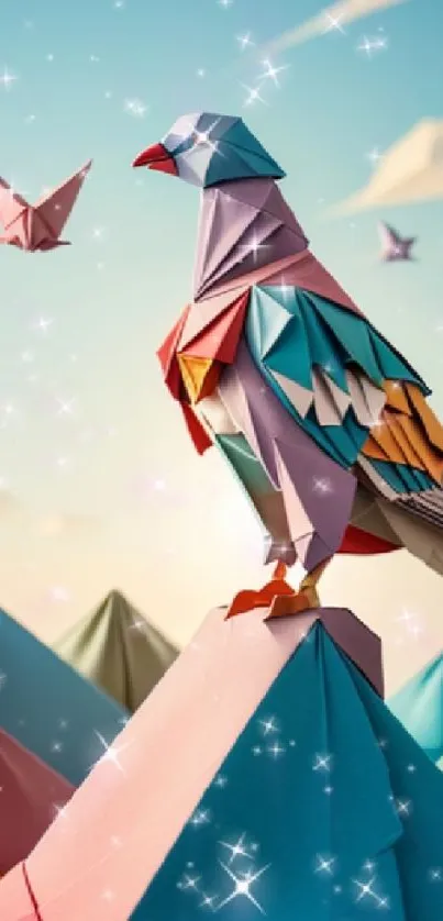 Colorful origami bird perched on a mountain with sparkles in the background.