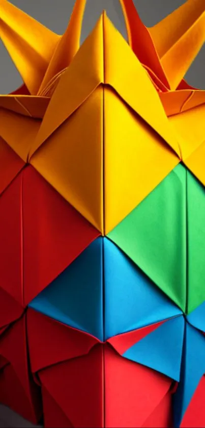 Colorful origami-inspired geometric wallpaper with red, blue, green, and yellow tones.