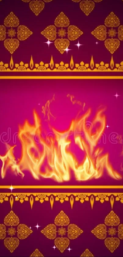 Vibrant wallpaper with fire over purple and gold ornamental design.