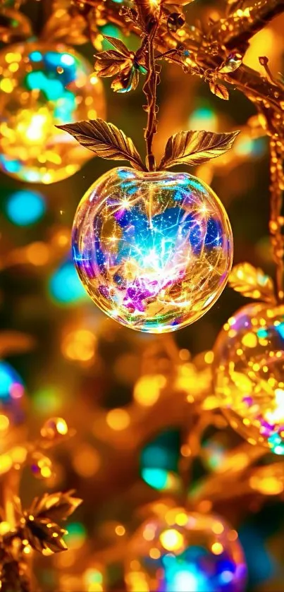 Vibrant hanging ornaments on golden branches.