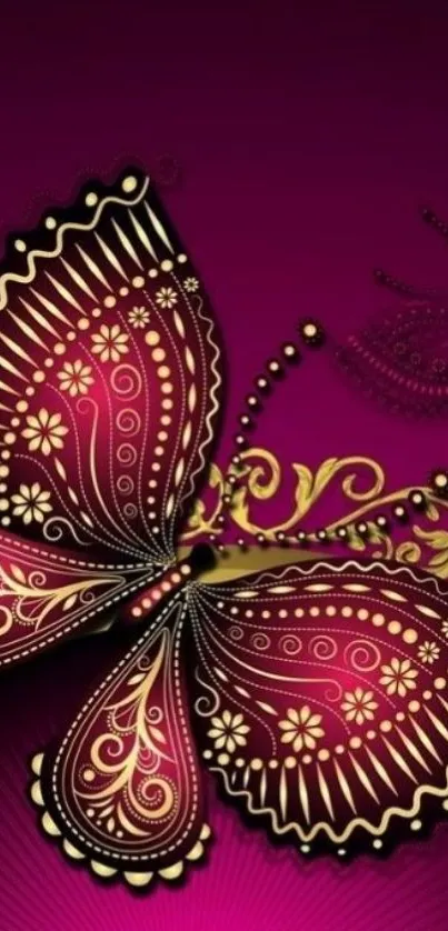 Ornate butterfly wallpaper with vibrant magenta background.