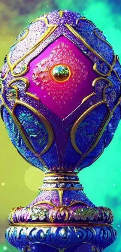 Ornate egg with vibrant colors and intricate design on a mobile wallpaper.