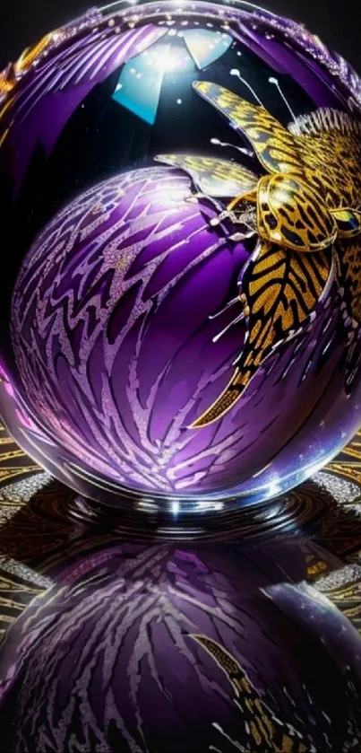 Ornate sphere with golden patterns on a purple background.