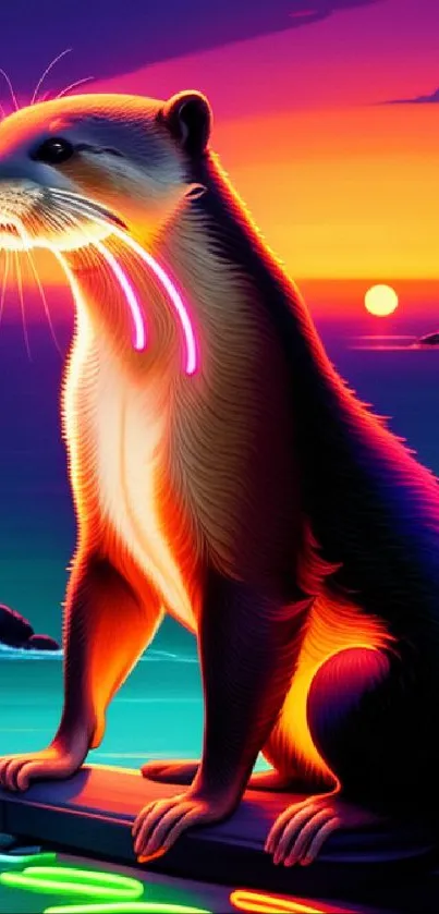Vibrant otter with neon hues sitting at sunset by the water.