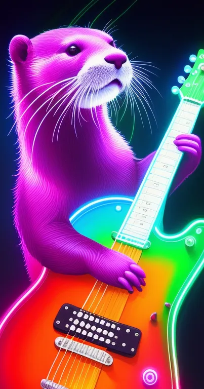 Neon otter playing a colorful guitar in vibrant hues.