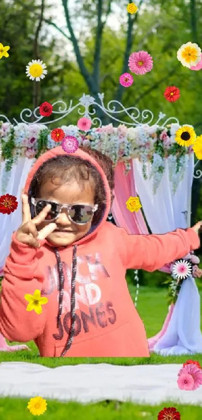 Colorful celebration scene with decorations and a playful child in the center.