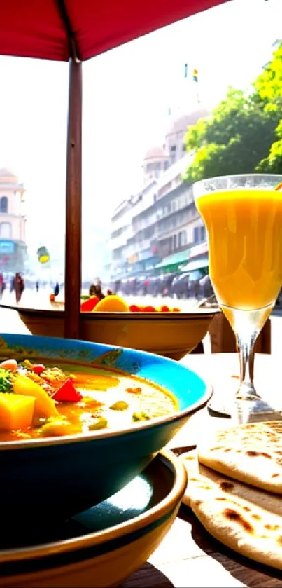 Vibrant street dining with exotic meal and drink.