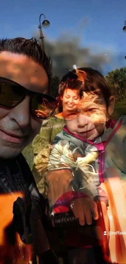 Family smiling on a sunny day with vibrant colors in the background.