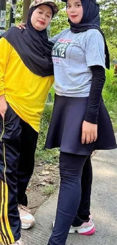 Two women in colorful activewear outdoors.