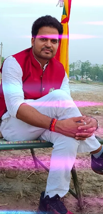 Man in traditional attire sits outdoors with colorful decorations.