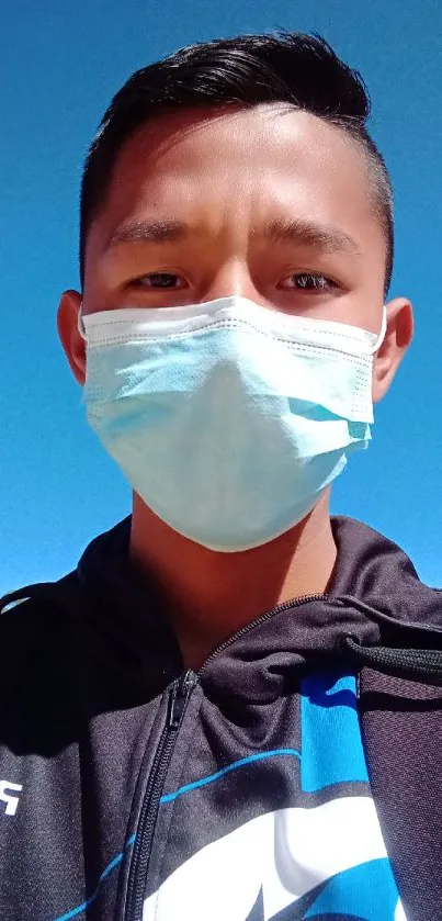 Person in a mask outdoors against sky-blue background.