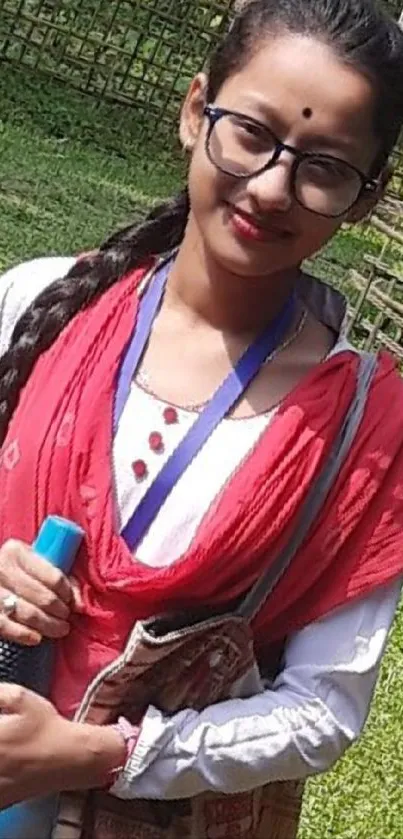 Woman with glasses in a red shawl standing outdoors.