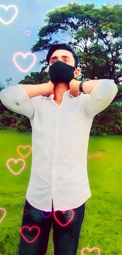 Man in park with mask, white shirt and clear sky background.