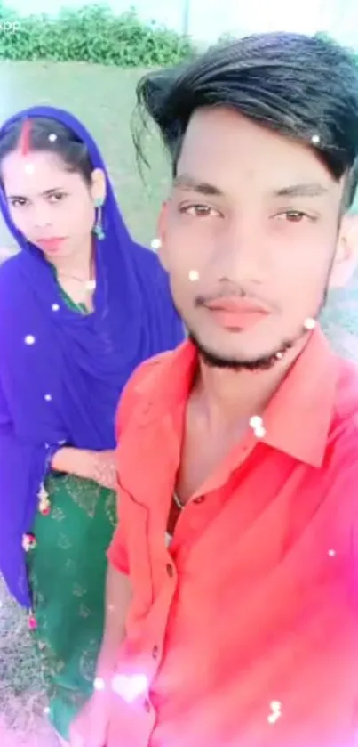 Vibrant couple in outdoor setting with colorful overlay effect.