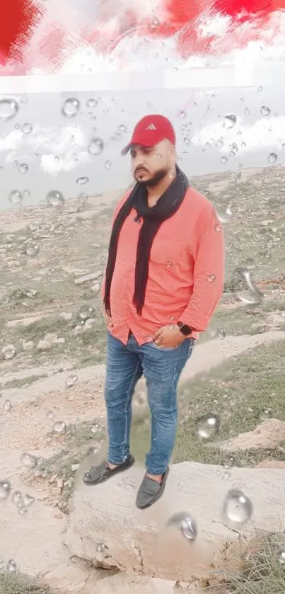 Man in red shirt amid scenic landscape with cloudy sky and water droplets.