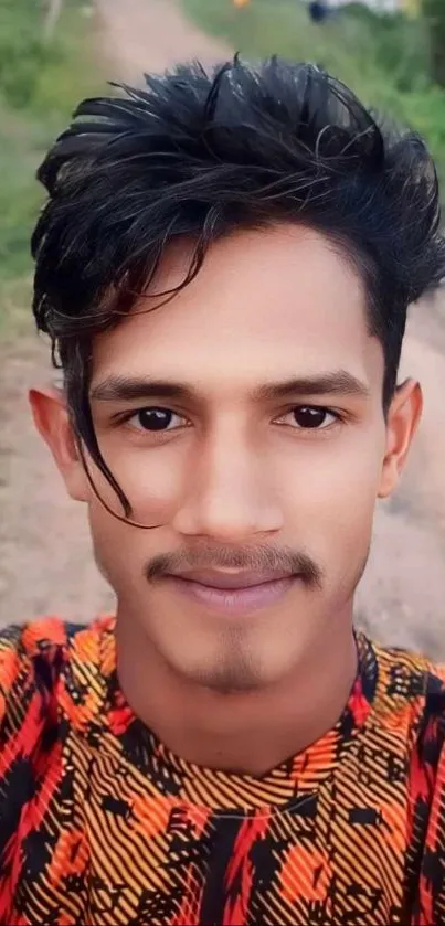 Young man takes a colorful outdoor selfie on a nature trail.