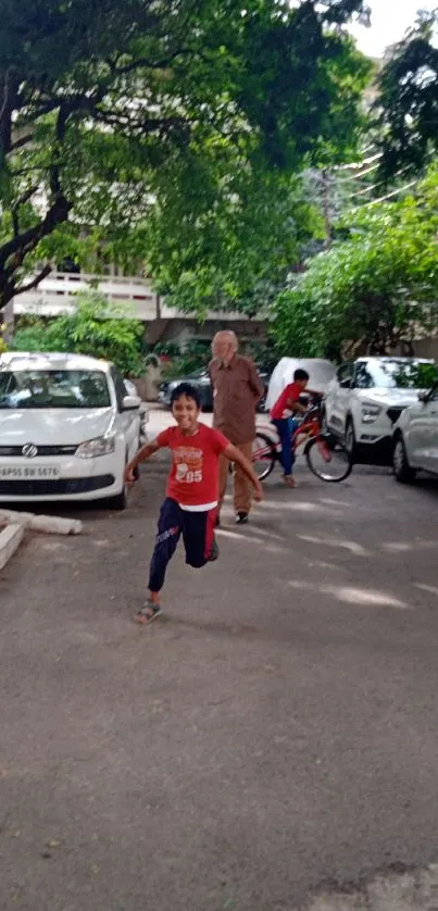 Child running in a vibrant urban street with greenery and parked cars.