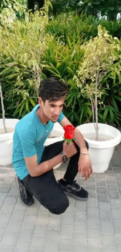 Man holding a red rose kneeling outdoors next to vibrant green plants and white pots.