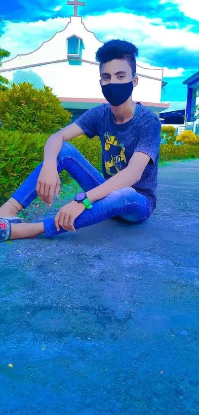 Stylish young man sits outdoors in a vibrant, colorful urban setting.