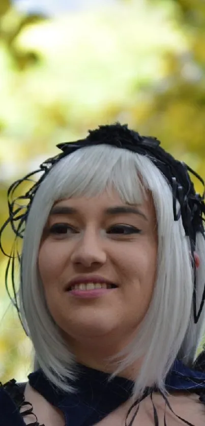 Cosplay character amidst lush green trees in a serene outdoor setting.