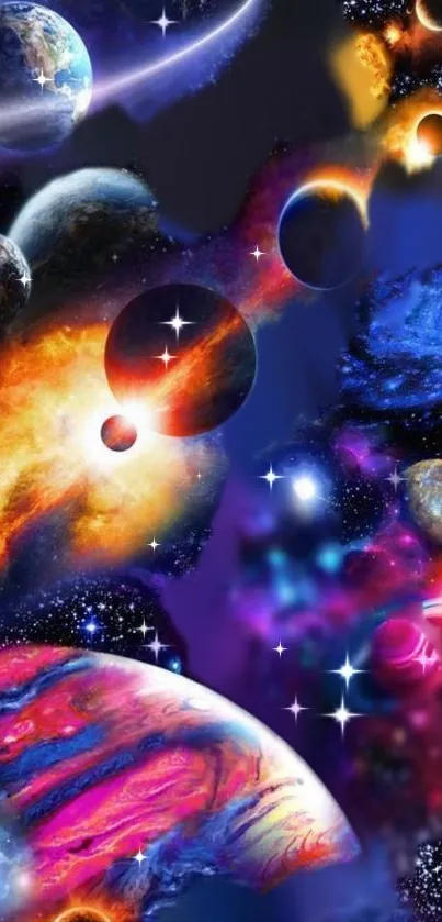 Vibrant cosmic scene with planets and galaxies on the wallpaper.