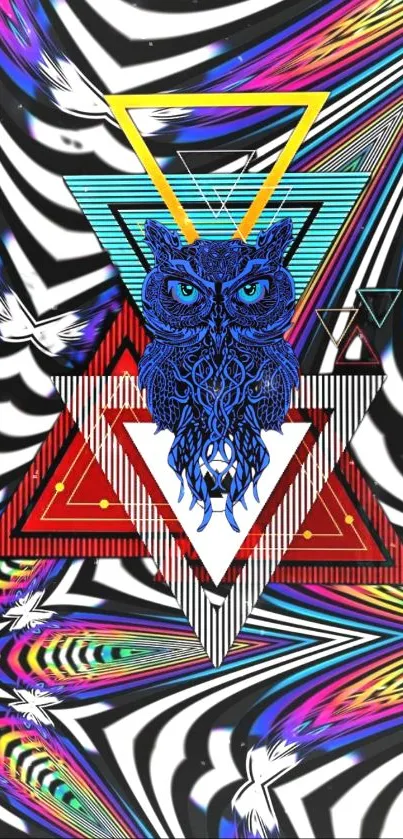 Psychedelic owl art with vibrant geometric patterns in black and white background.