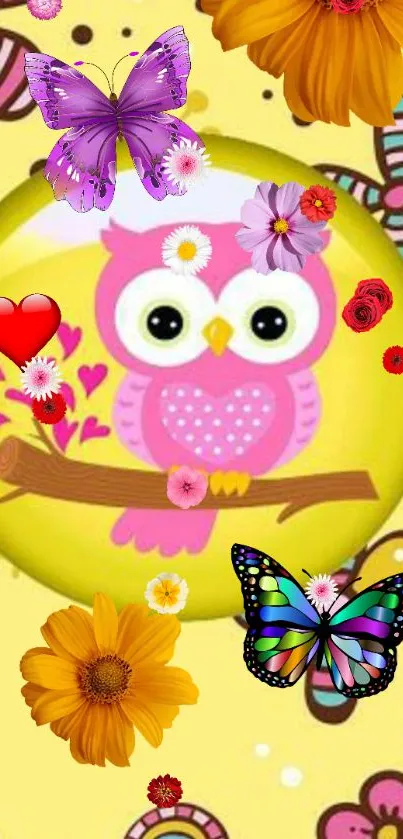 Cute pink owl on branch with flowers and butterflies.