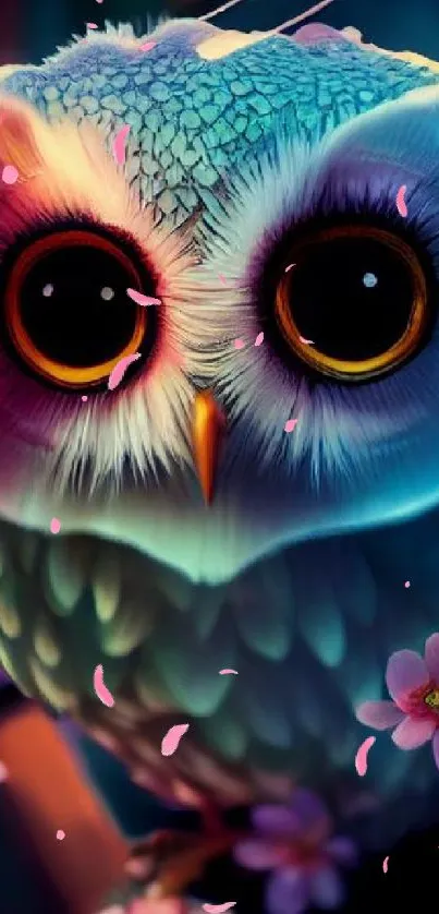 Enchanting vibrant owl with cherry blossoms in colorful digital art.