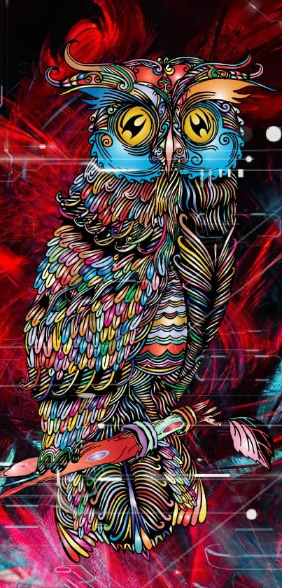 Colorful abstract owl artwork with vibrant red and blue tones.