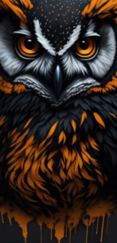 Vibrant owl with orange and black feathers on mobile wallpaper.