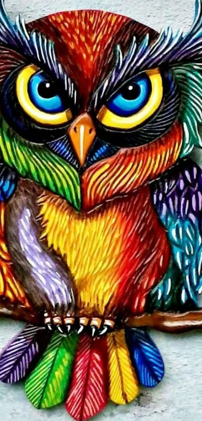 Vibrant and colorful owl art wallpaper with intricate details.