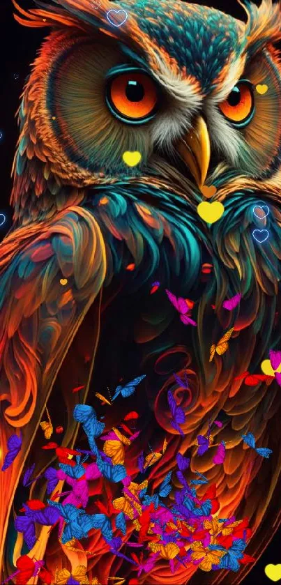 Vibrant owl art wallpaper with fiery orange and blue feathers.