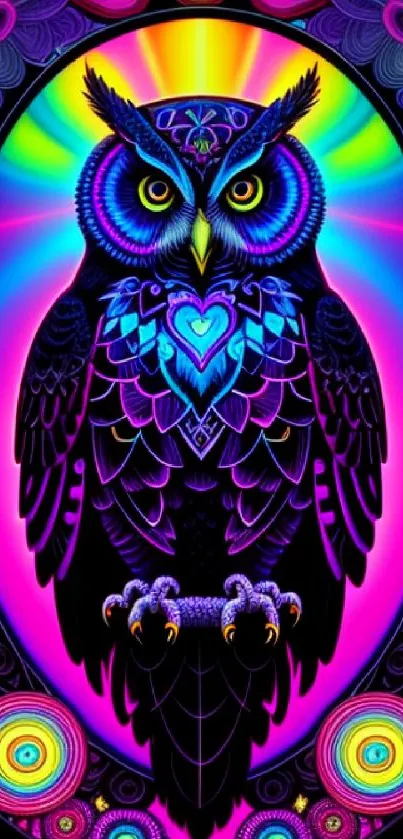 Colorful neon owl artwork with intricate patterns and vibrant colors.